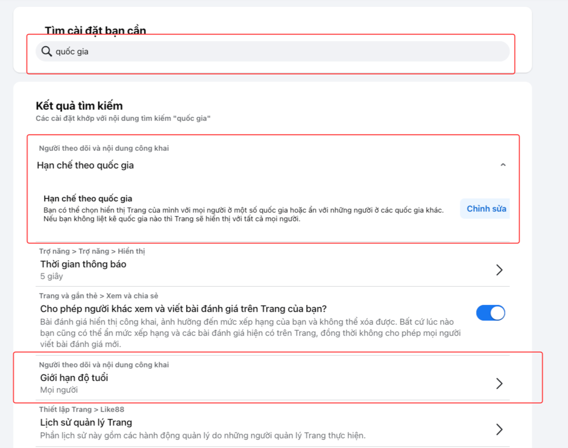 Mở giới hạn quốc gia và độ tuổi trong cài đặt Fanpage