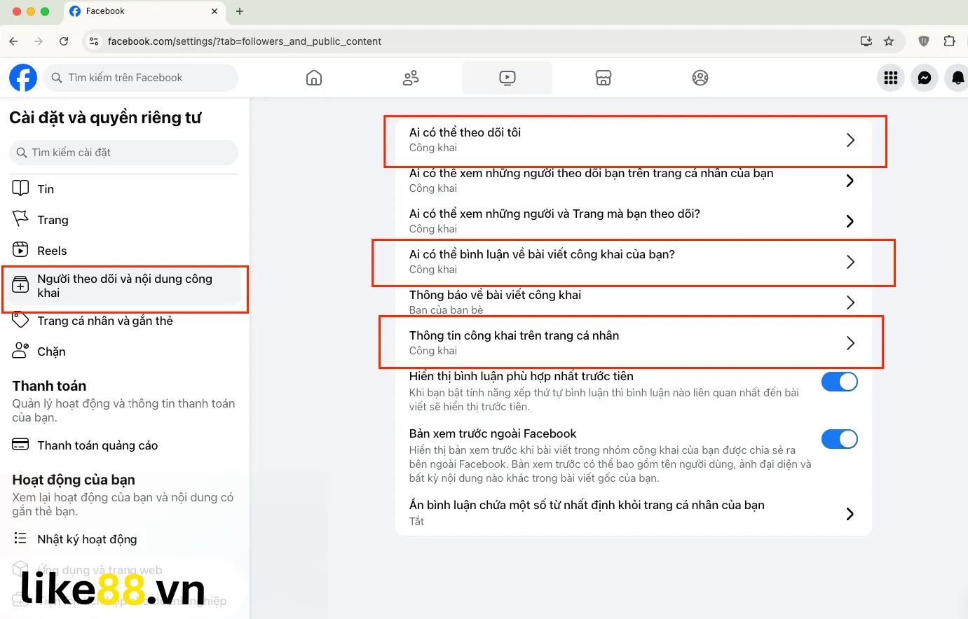 Cài đặt công khai trên Facebook máy tính