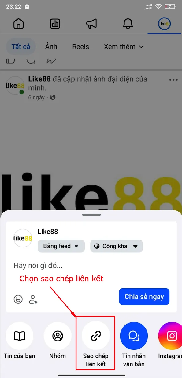 Lấy link Facebook trên điện thoại bước 2