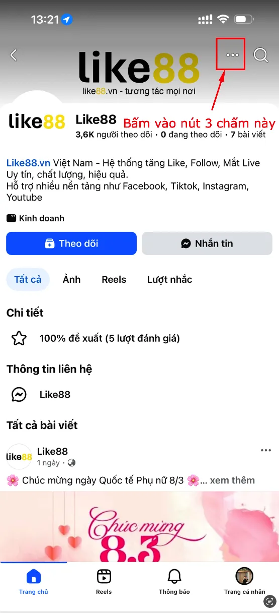 Mở tùy chọn page profile Facebook trên điện thoại