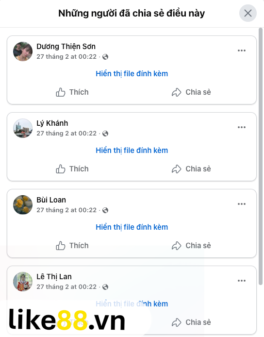 Giao diện gói dịch vụ tăng share Facebook trên Like88