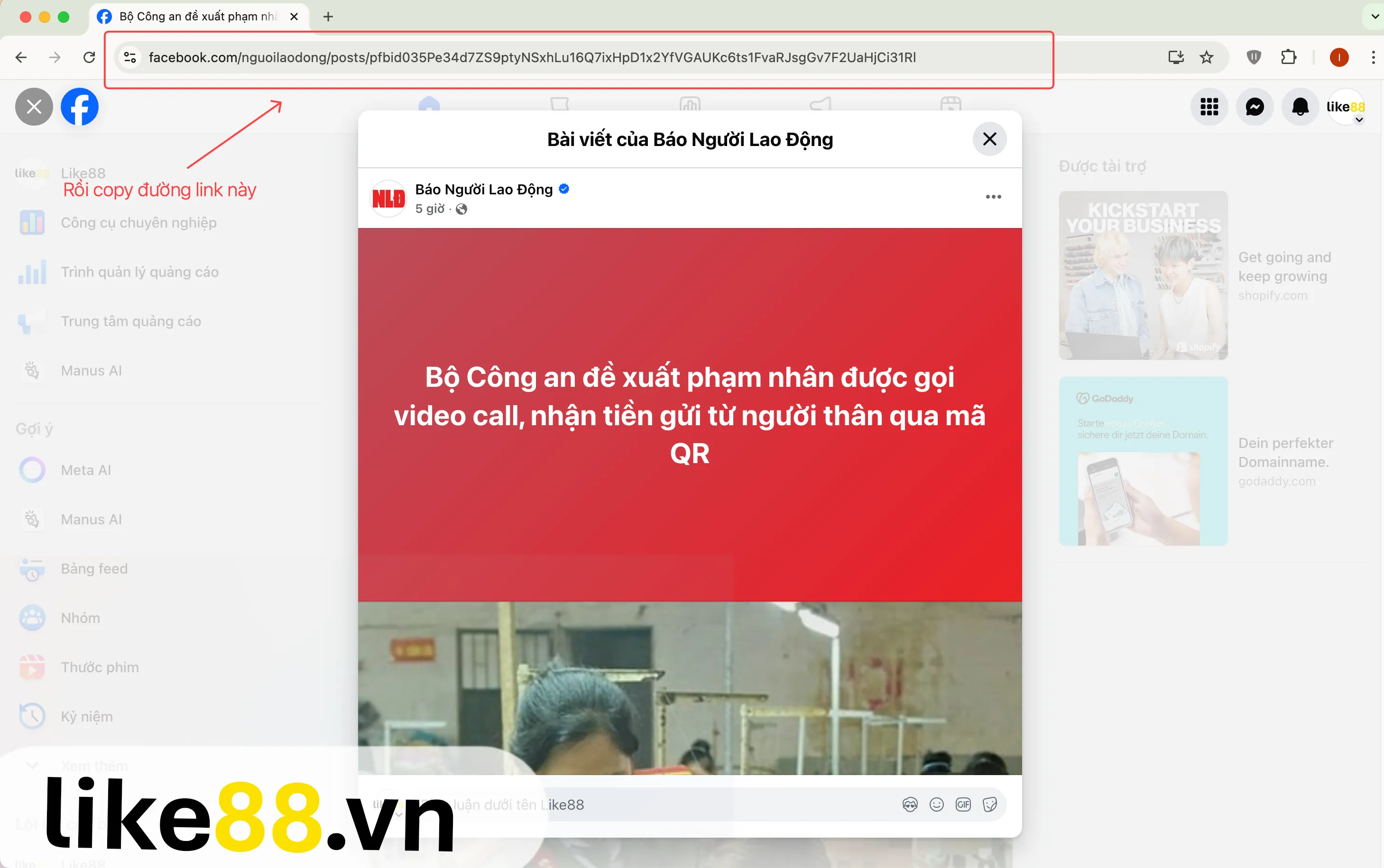 Lấy link Facebook trên máy tính bước 2