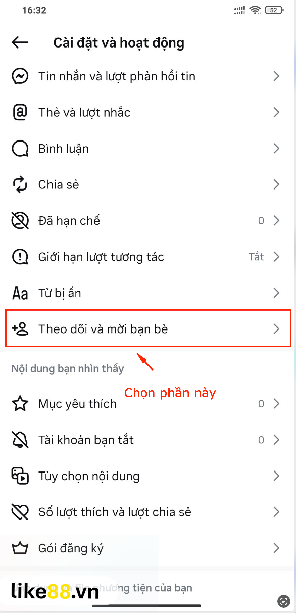 Chọn mục theo dõi và mời bạn bè