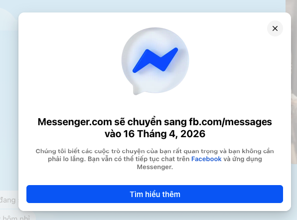 Messenger.com sẽ chuyển sang fb.com/message vào ngày 16-4-2026