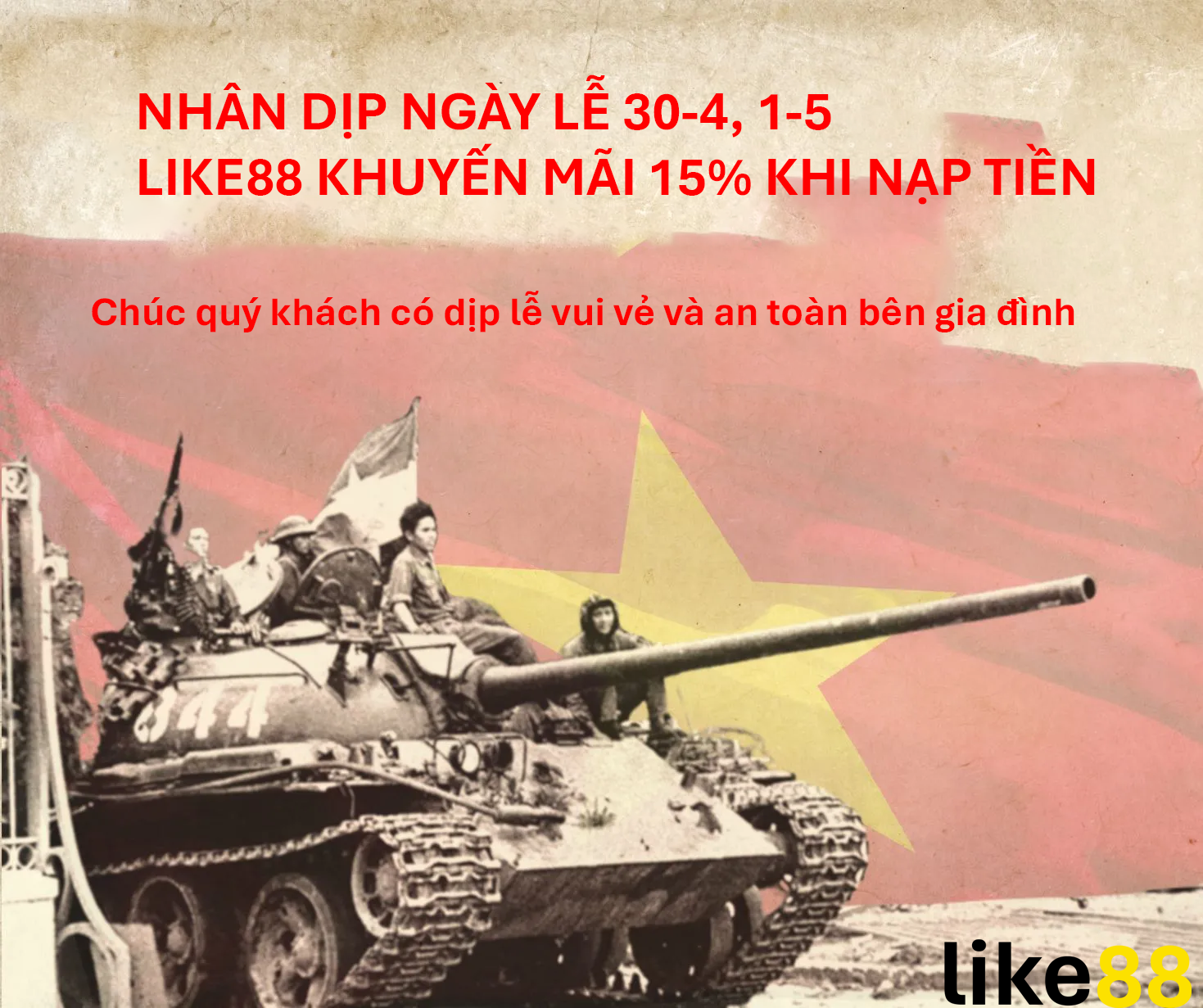 Mừng Đại lễ 30/4 - 1/5. Khuyến mãi 15% khi nạp tiền vào hệ thống