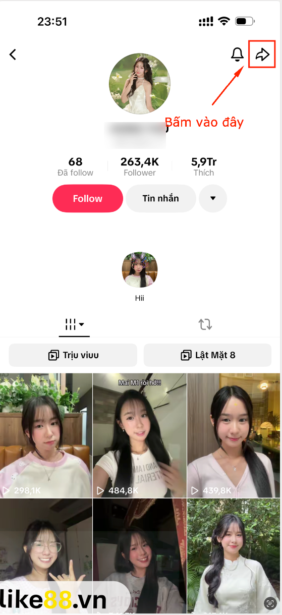 Bước 1 lấy link kênh TikTok trên điện thoại