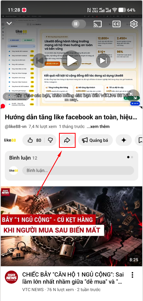 Bước 4 bấm biểu tượng chia sẻ video YouTube