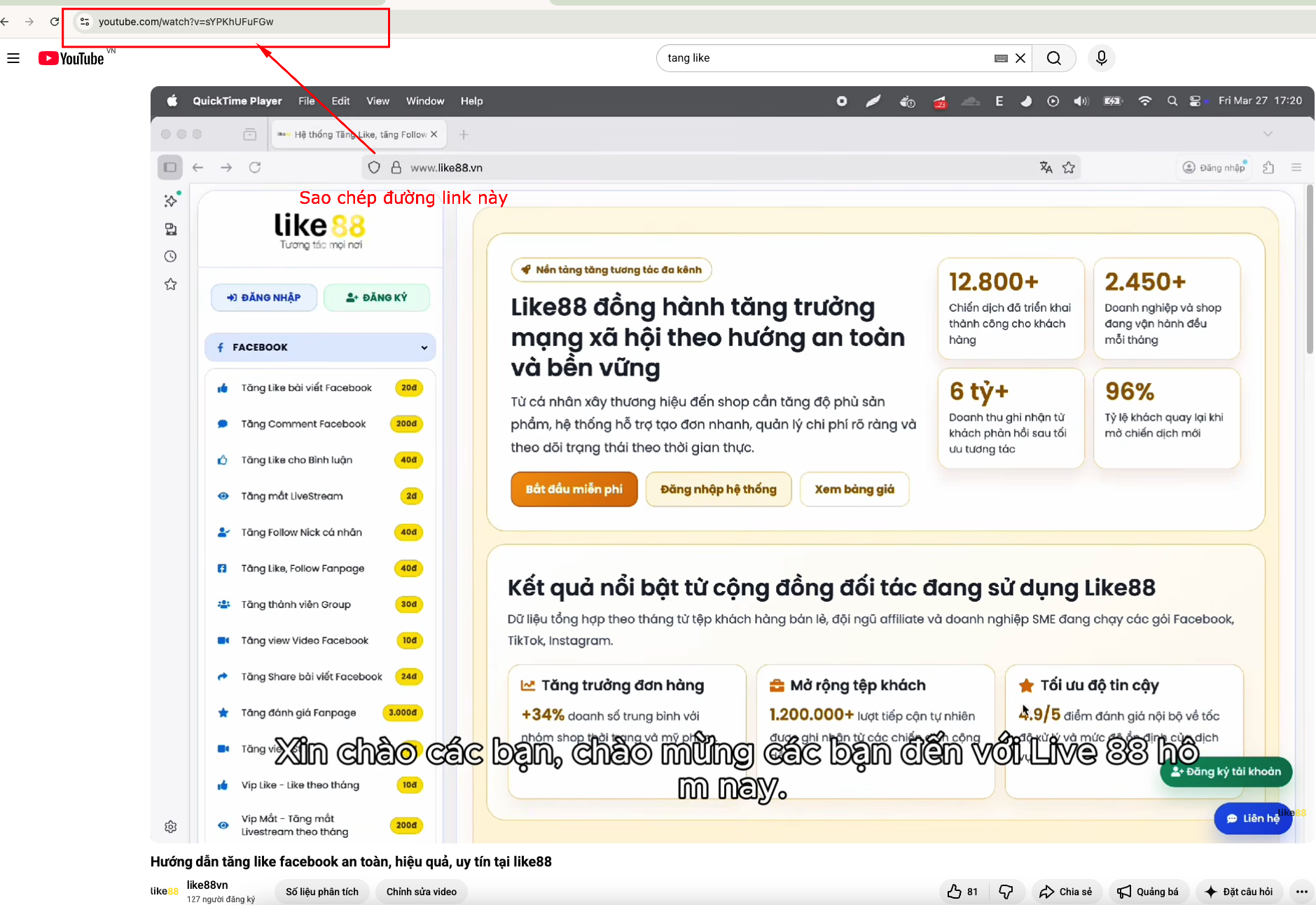 Bước 3 copy link video YouTube từ trình duyệt