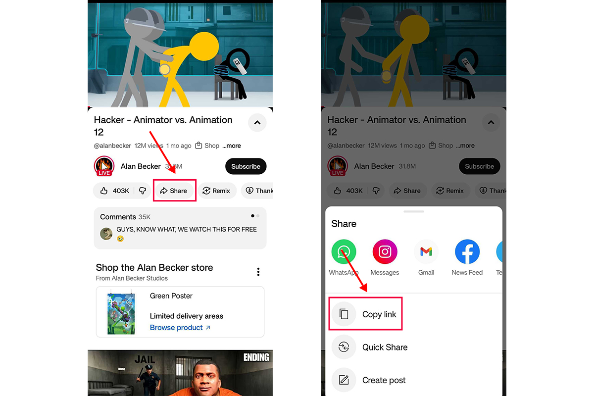 Lấy link YouTube trên điện thoại
